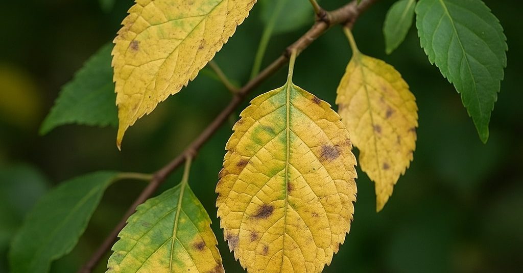 Tree with yellowing leaves showing early nutrient deficiency in a Michigan yard