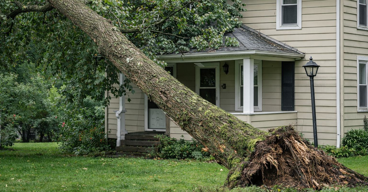 Storm-damaged tree leaning toward a home in Howell, Michigan