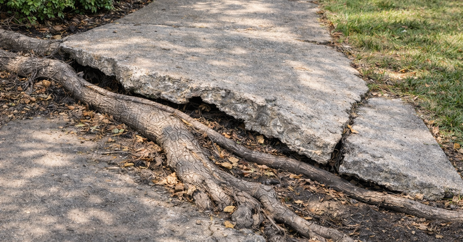 Silver maple root damage near the sidewalk