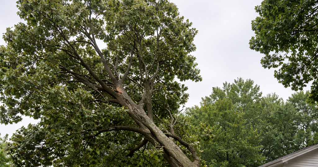. Storm-damaged tree leaning dangerously after high winds in Southeast Michigan