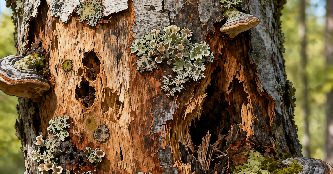 Close-up of a Michigan oak tree showing signs of fungal infection on its bark.